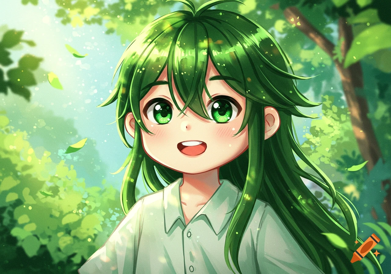 A smiling anime boy with long green hair and green eyes in a lush green outdoor setting with sunlight filtering through leaves.