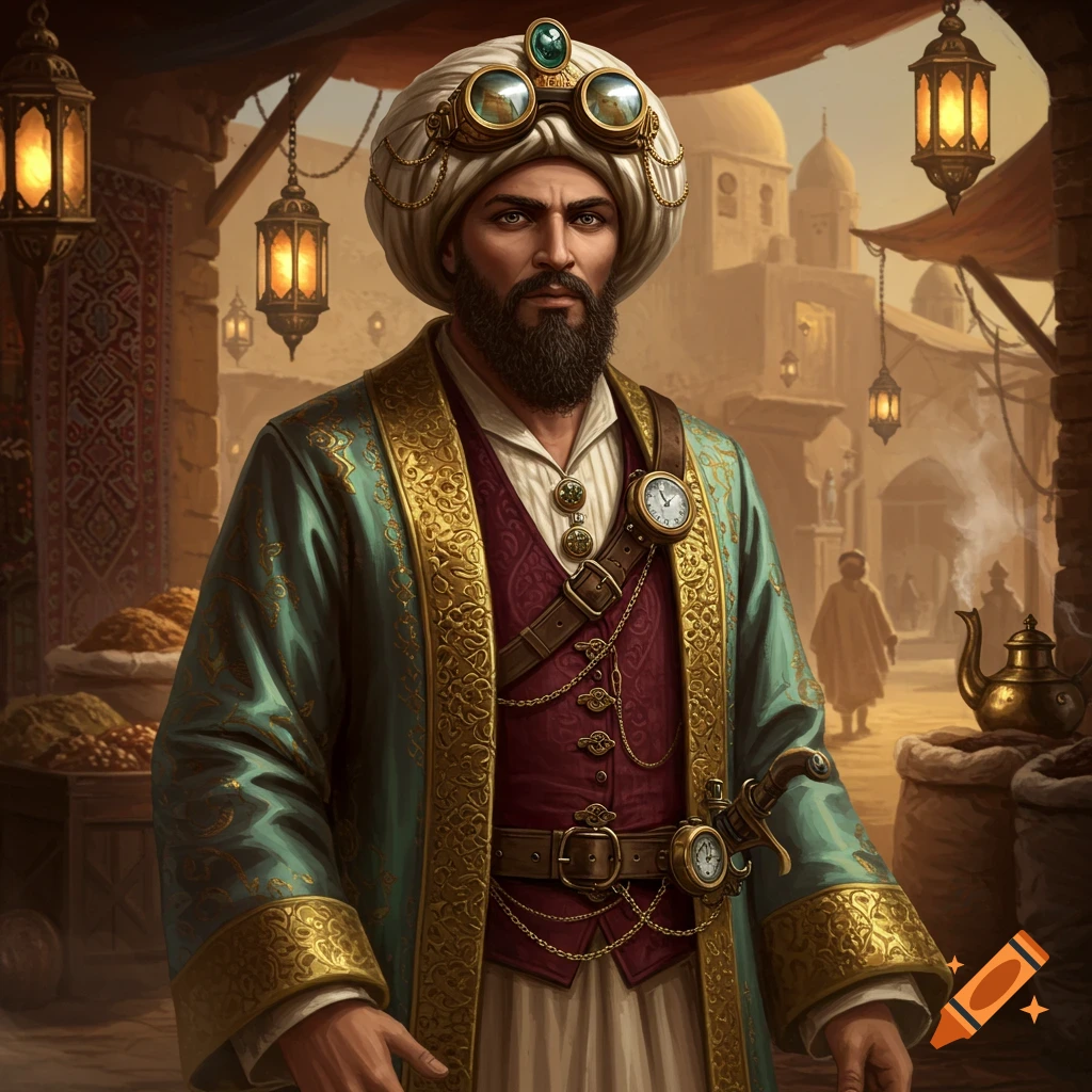 A man in a white turban with goggles, a green and gold robe, and a red vest with steampunk accessories, stands in an Arabian marketplace.