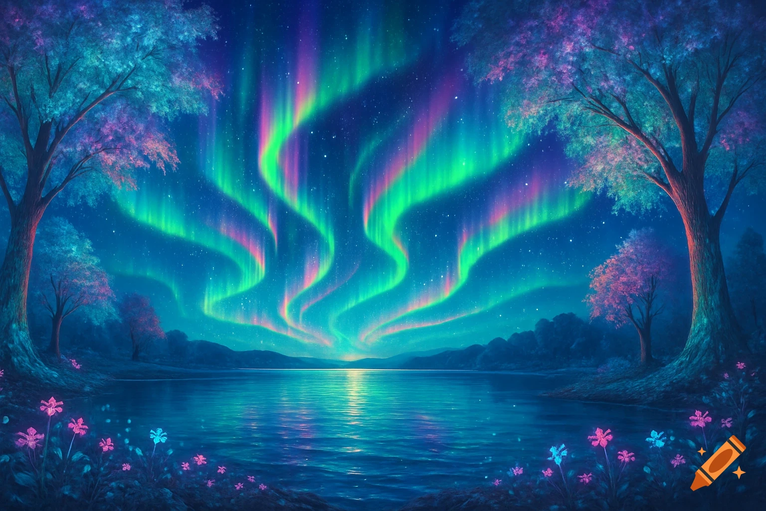 Vibrant aurora borealis lights up a night sky over a calm lake, surrounded by trees and glowing pink and blue flowers.