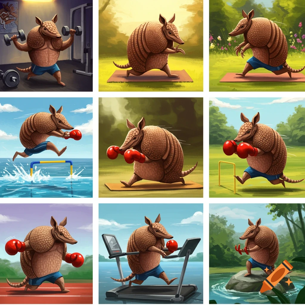 A grid of nine cartoon illustrations showing an armadillo engaging in various workout activities like weightlifting, yoga, boxing, running, and treadmill.