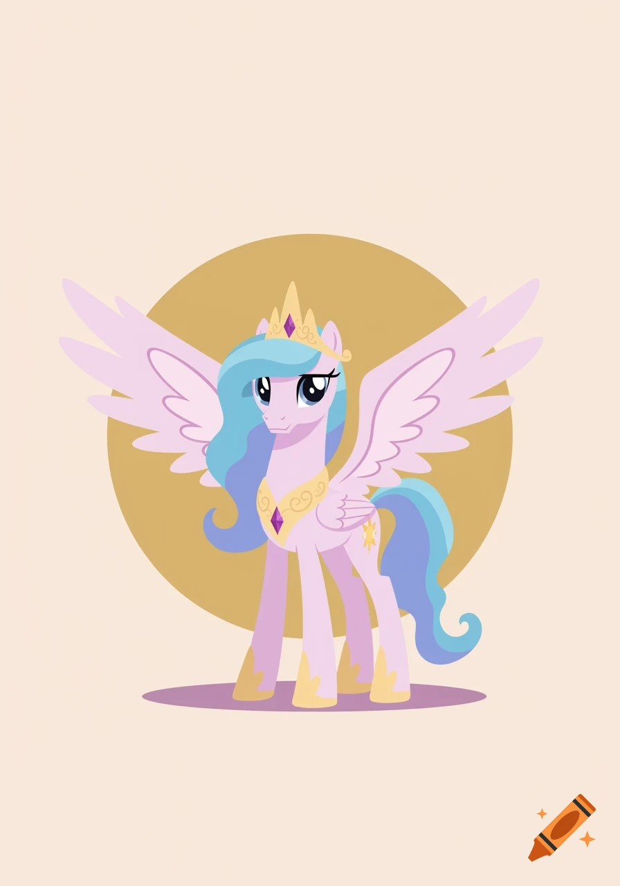 A light purple cartoon alicorn pony with light blue mane and tail, wearing a golden crown and necklace, standing against a golden circle.