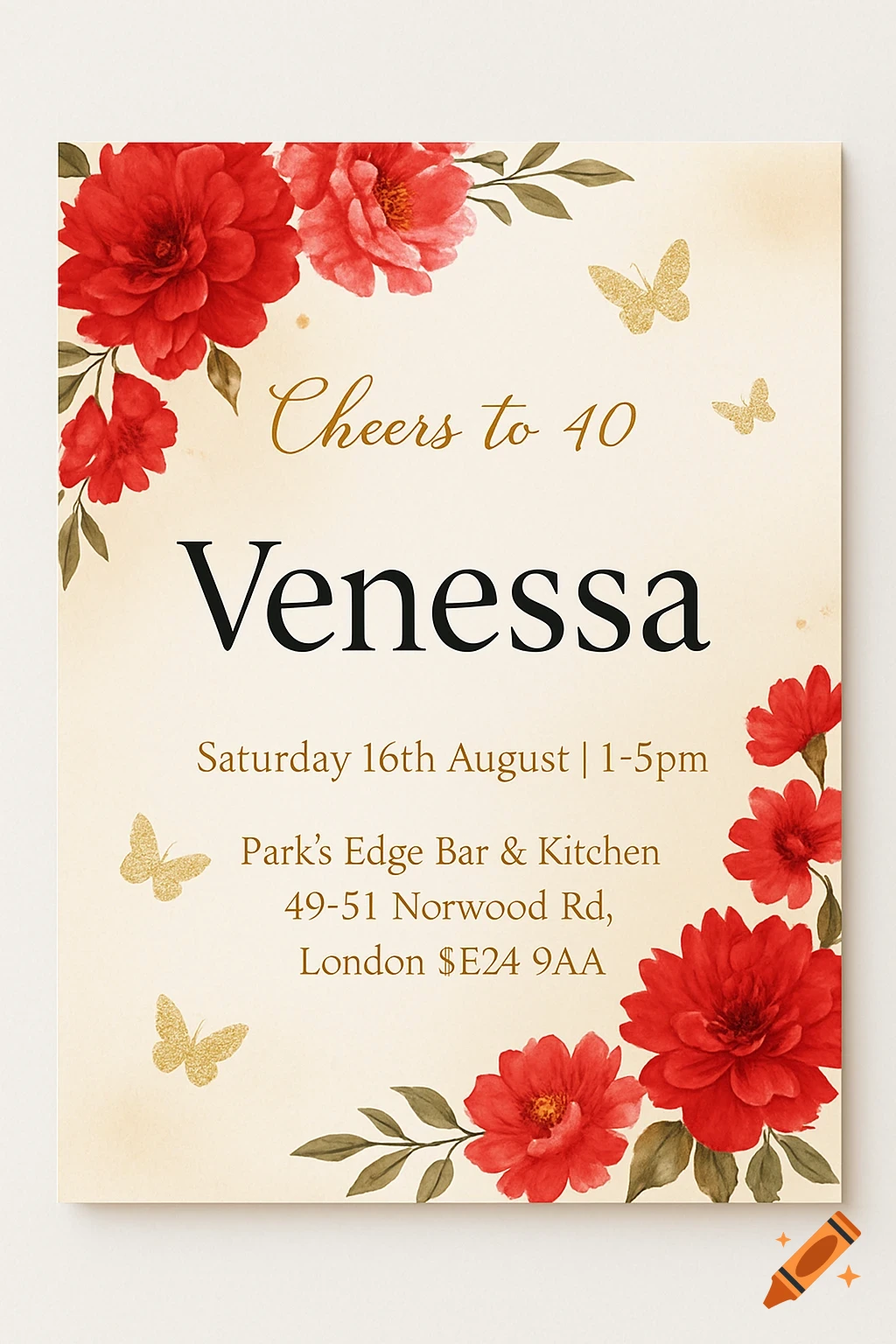 A minimalist birthday invitation with red and pink watercolor flowers, golden glitter butterflies, and event details on an ivory background.
