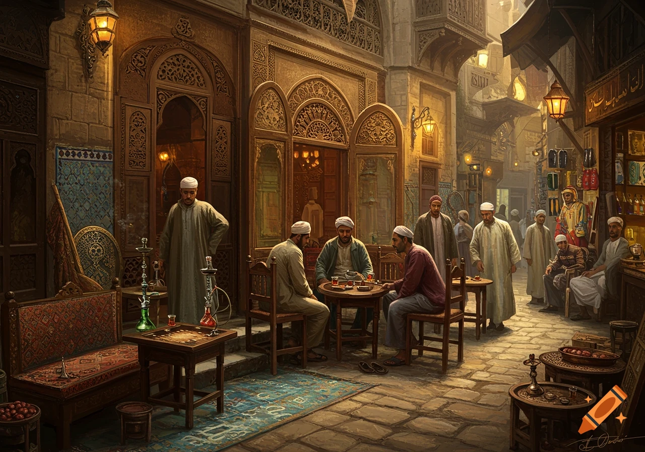 Detailed painting of a bustling Middle Eastern street scene with people socializing outside a traditional cafe.