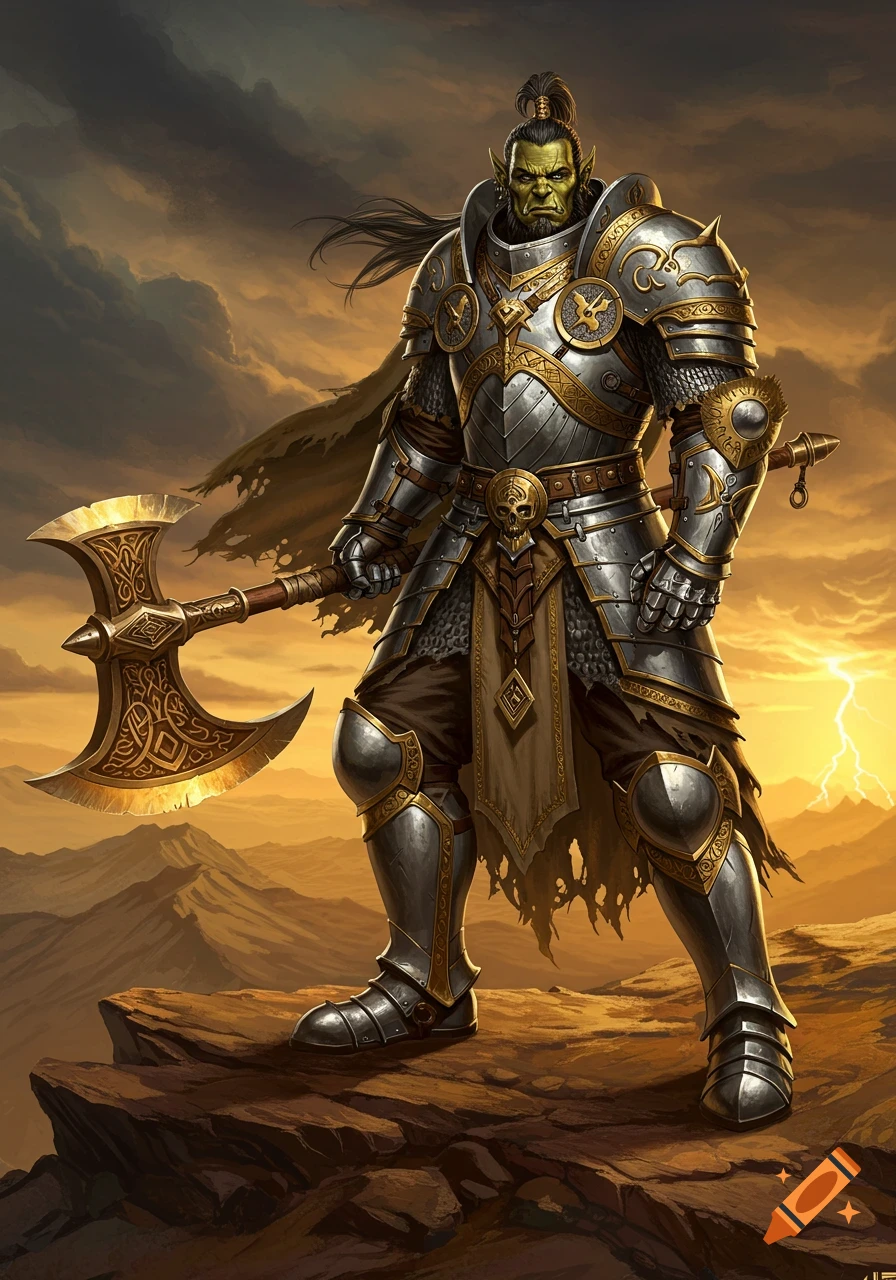 A powerful Half-Orc fighter in intricate silver and gold full plate armor holds a great axe on a rocky cliff under a stormy, lightning-filled sky.
