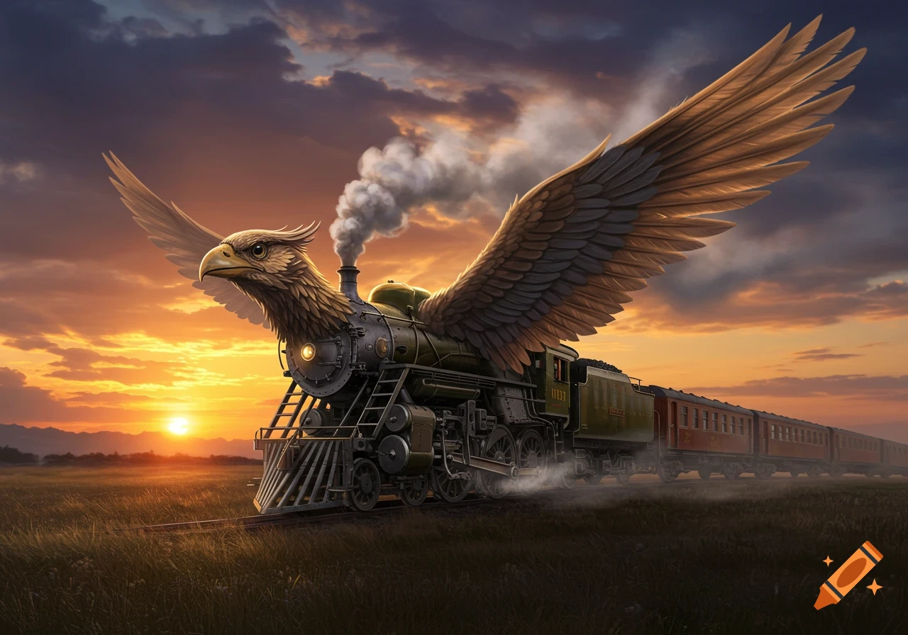 A fantasy train with an eagle head and large wings stands in a grassy field at sunset.