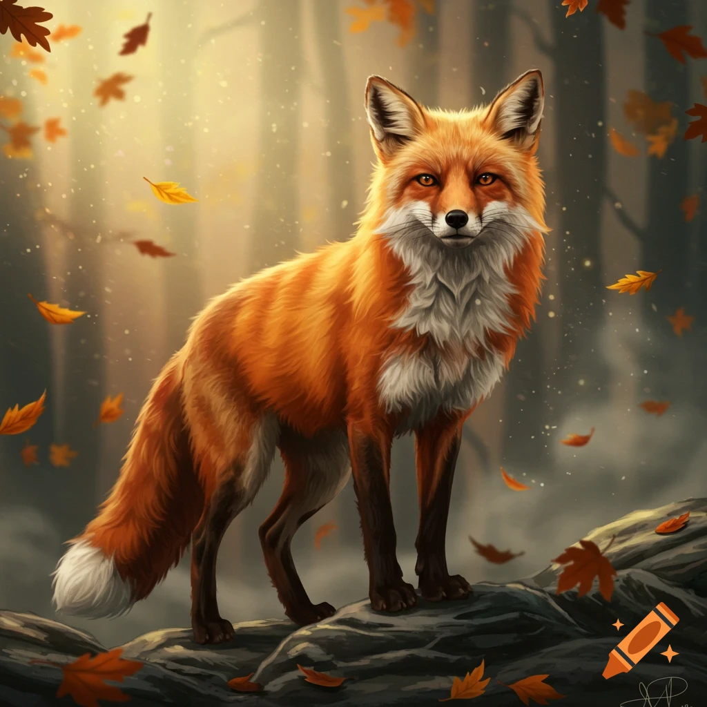 A vibrant red fox with white markings stands on rocks in an autumn forest with falling leaves and glowing light.