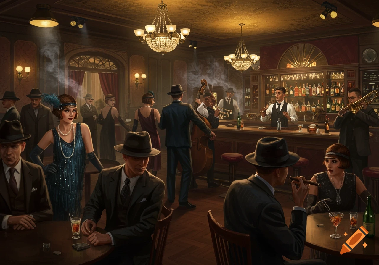 A detailed illustration of a lively 1920s speakeasy with people in period attire, a bar, and musicians playing jazz instruments.