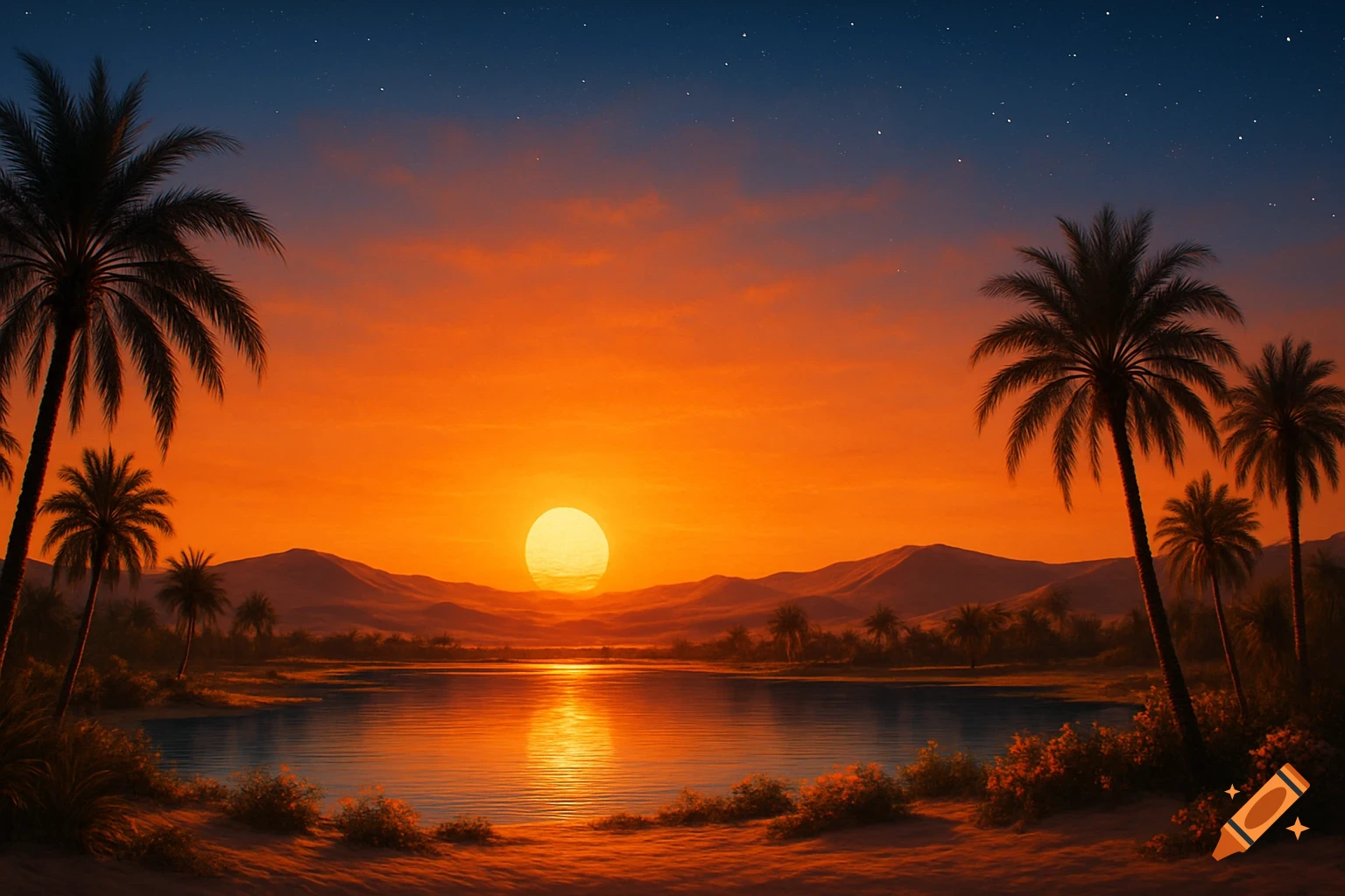 Vibrant sunset over water with palm tree silhouettes and distant mountains.