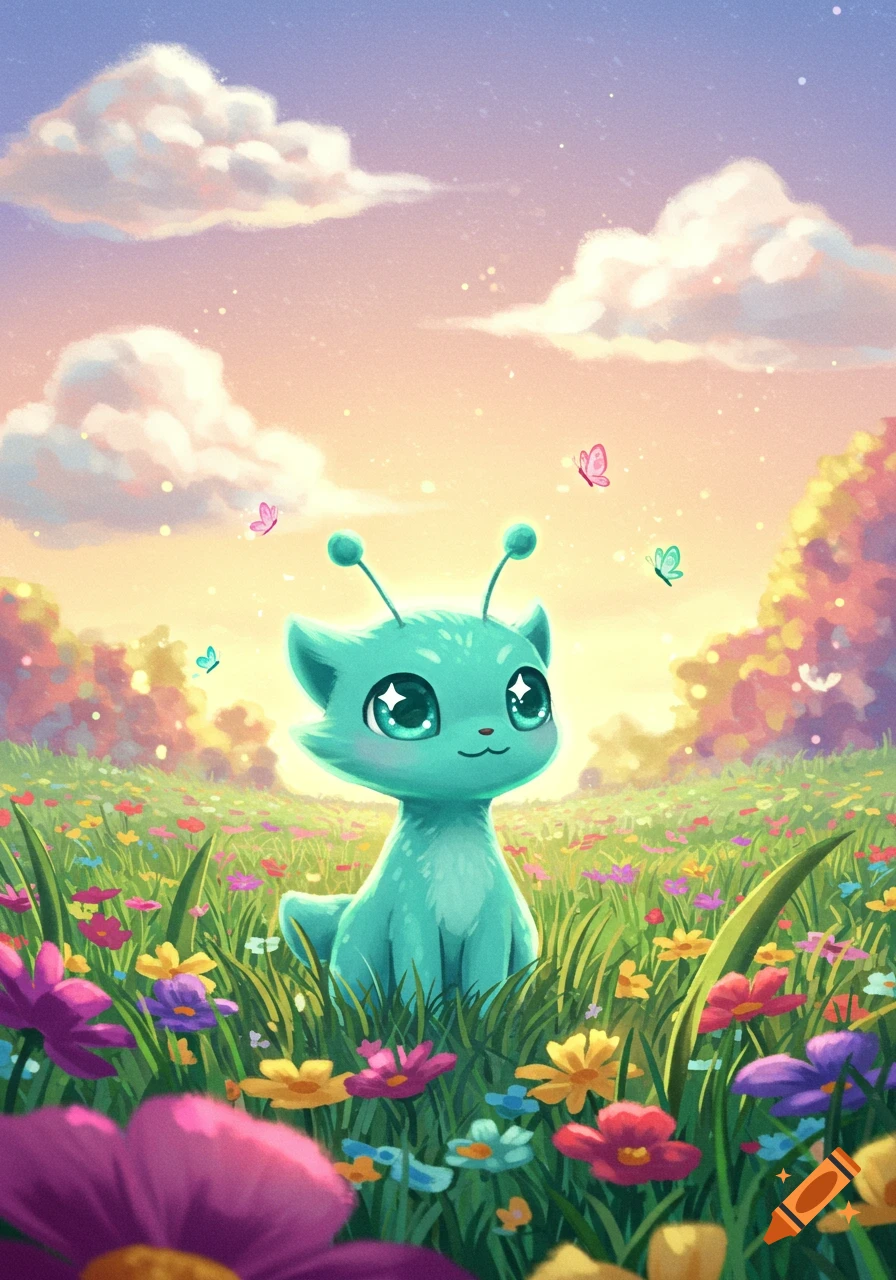 A cute teal alien-cat creature with antennae sits in a vibrant field of colorful flowers under a pastel sky.