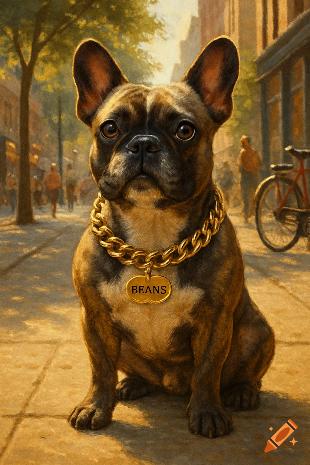 A painterly French bulldog with a gold chain and a BEANS tag sits on a city street.