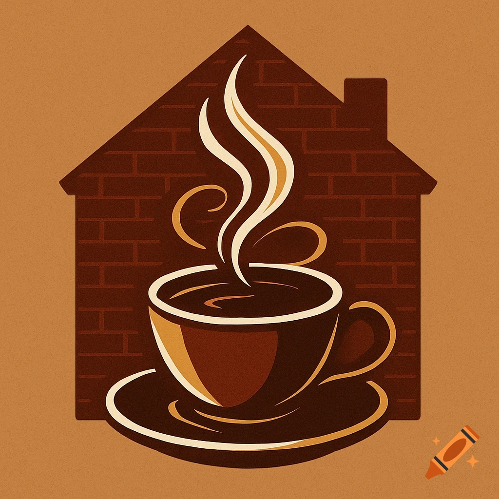 A stylized logo featuring a steaming coffee cup with a saucer in front of a dark brown house silhouette with a brick texture.