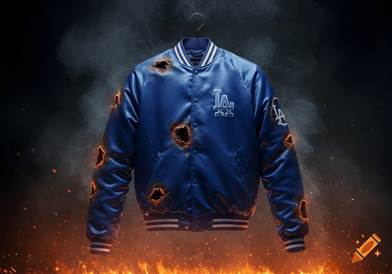 A blue satin Los Angeles Dodgers bomber jacket, charred and burning, against a smoky background with fire at the bottom.