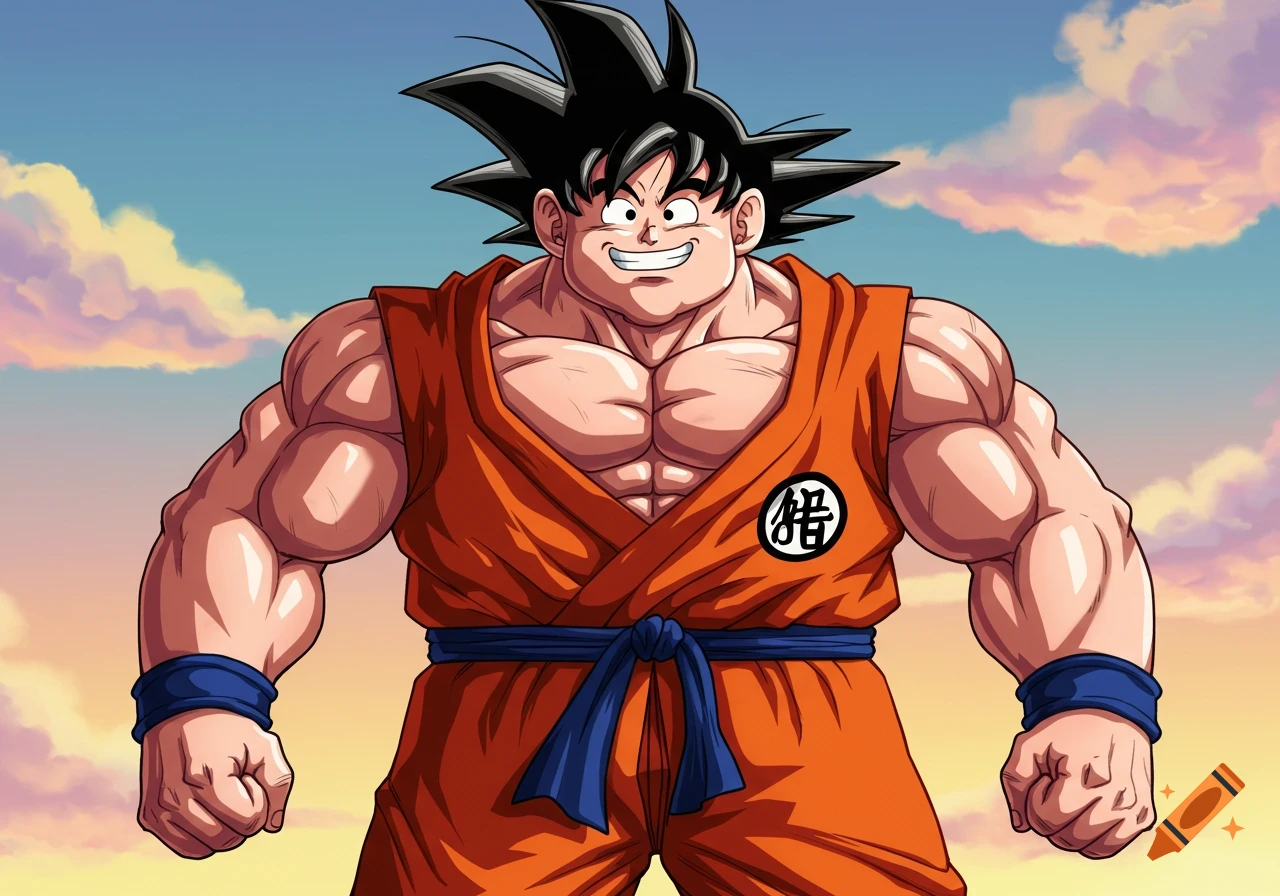 A large, muscular, cartoonish Goku with spiky hair and an orange gi smiles confidently under a blue sky with clouds.