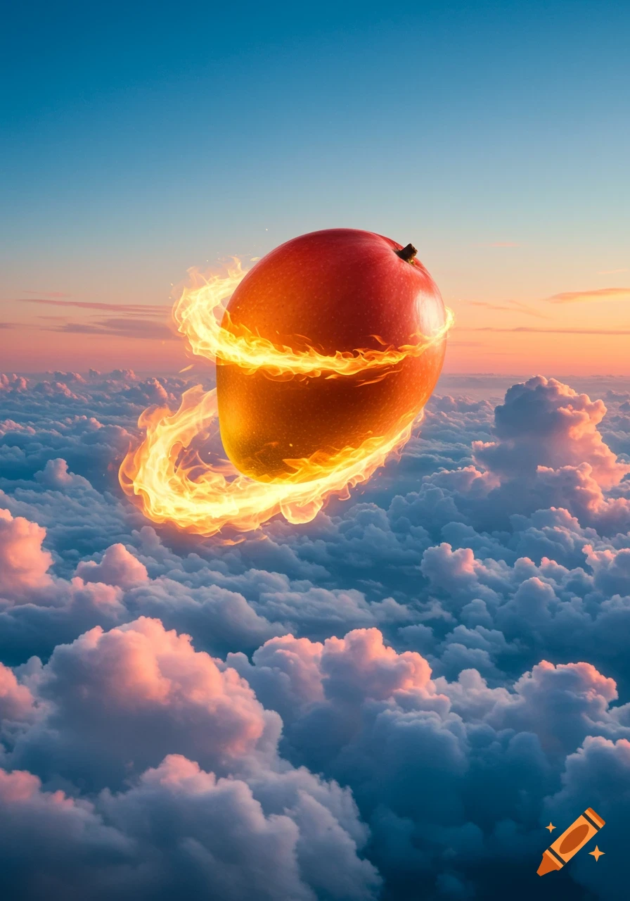 A large, realistic mango with a ring of fire around it floats above a sea of pink and blue clouds at sunset.