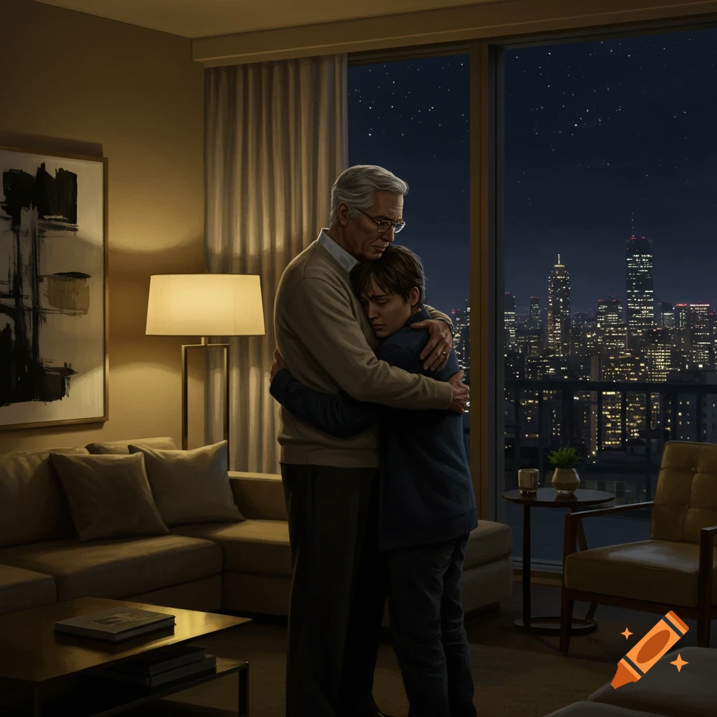An older man hugs and comforts a younger man in a high-rise apartment living room with a city night skyline view. Photorealistic style.