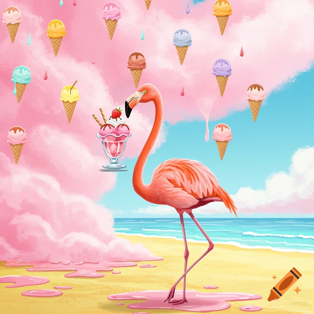 An animated flamingo stands on a beach with a strawberry sundae in its beak, while ice cream cones float and drip from a pink cloudy sky.