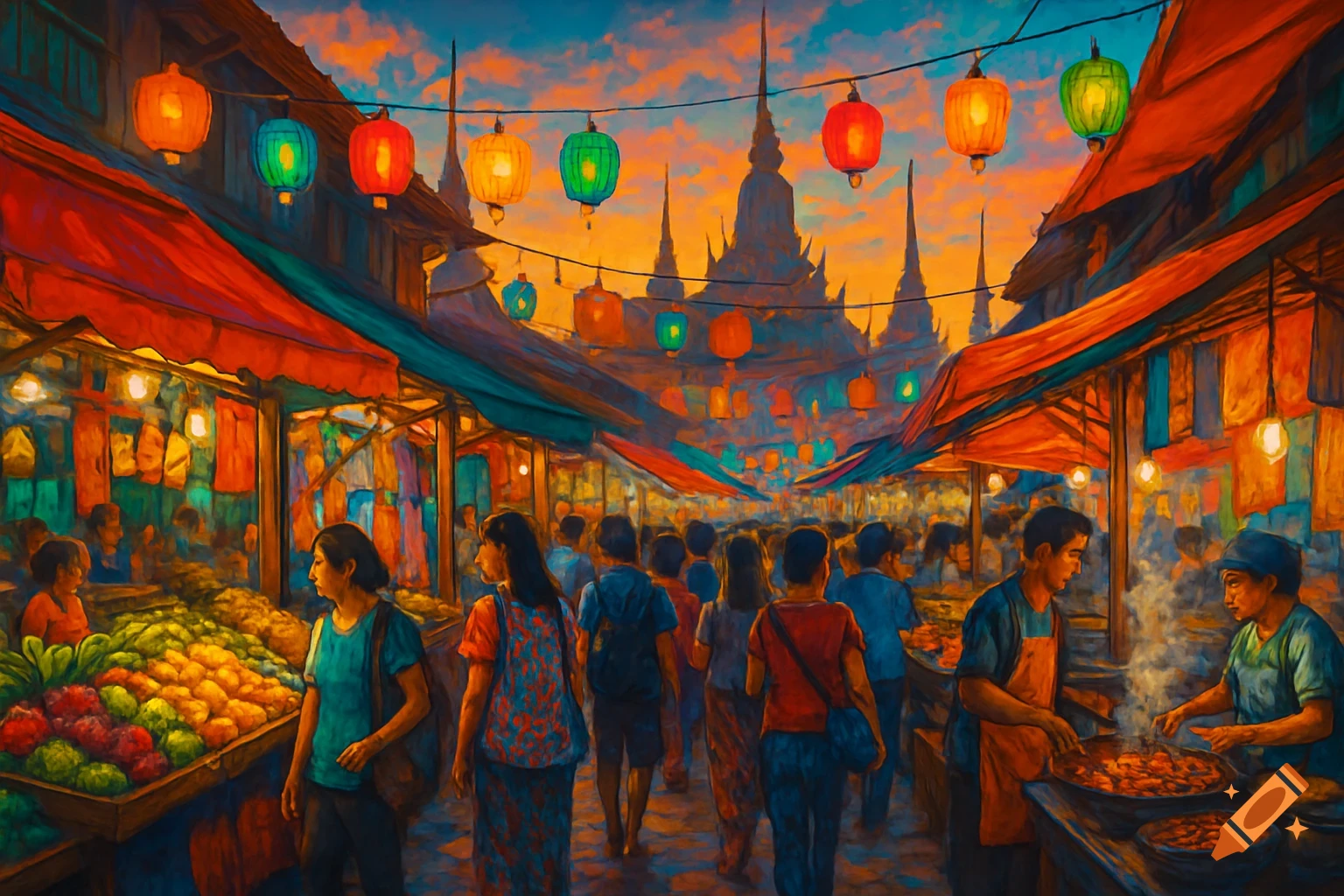 Vibrant painterly street market in Thailand at sunset, with people, food stalls, lanterns, and temples.
