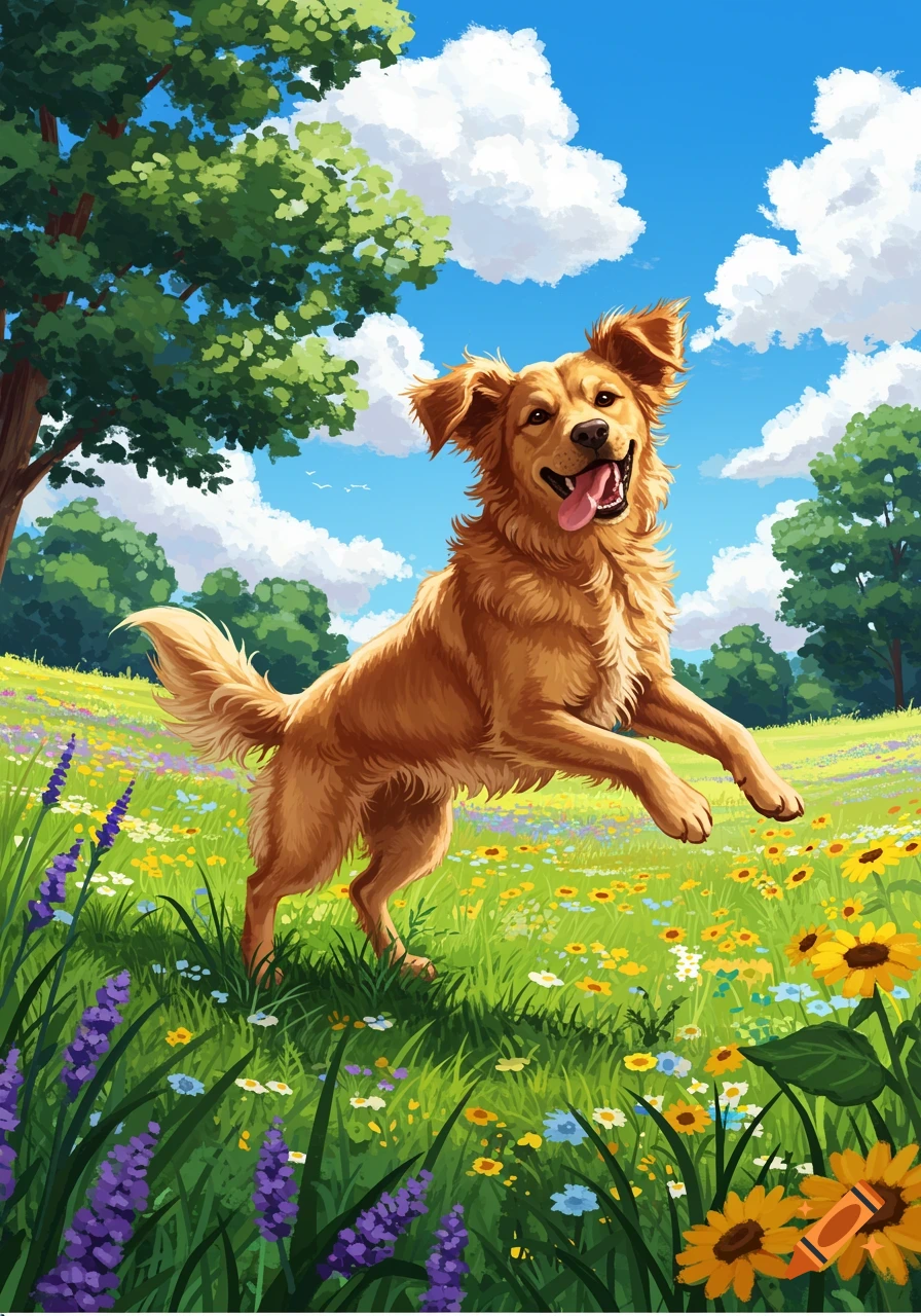 A vibrant illustration of a happy golden retriever dog running and jumping through a field of colorful wildflowers under a bright blue sky.