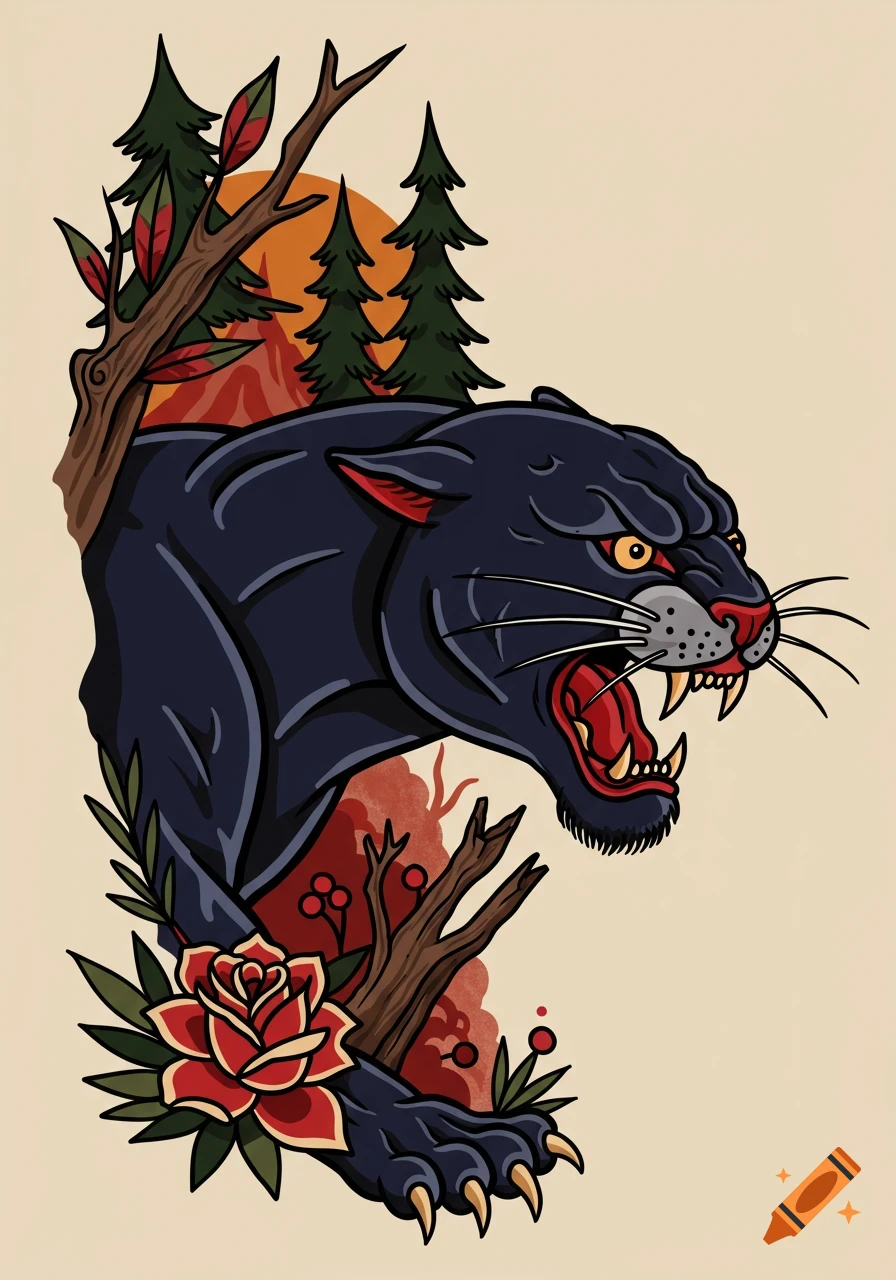 An American traditional tattoo of a roaring black panther in side profile, with pine trees, branches, and a red rose.