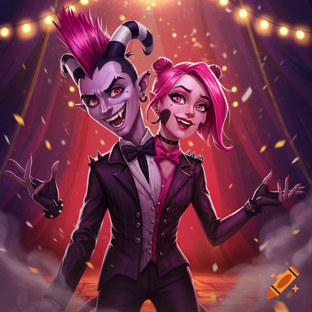 Two conjoined monster characters, one purple-skinned with a mohawk and one pink-haired, wearing pinstriped suits in a circus tent with lights and confetti.