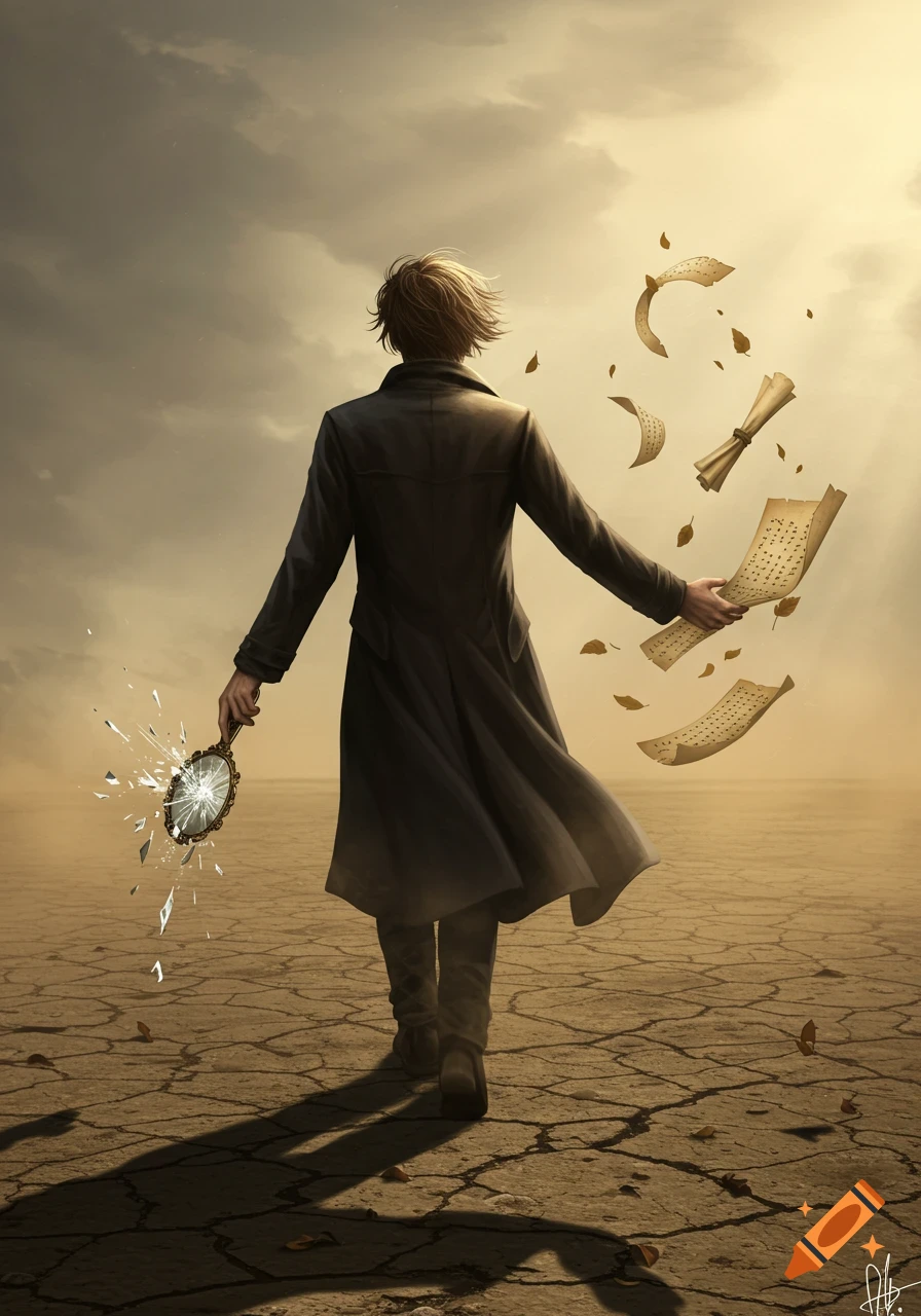 A man in a dark coat walks away across a dry, cracked land, dropping a broken hand mirror and scattering papers in the wind.