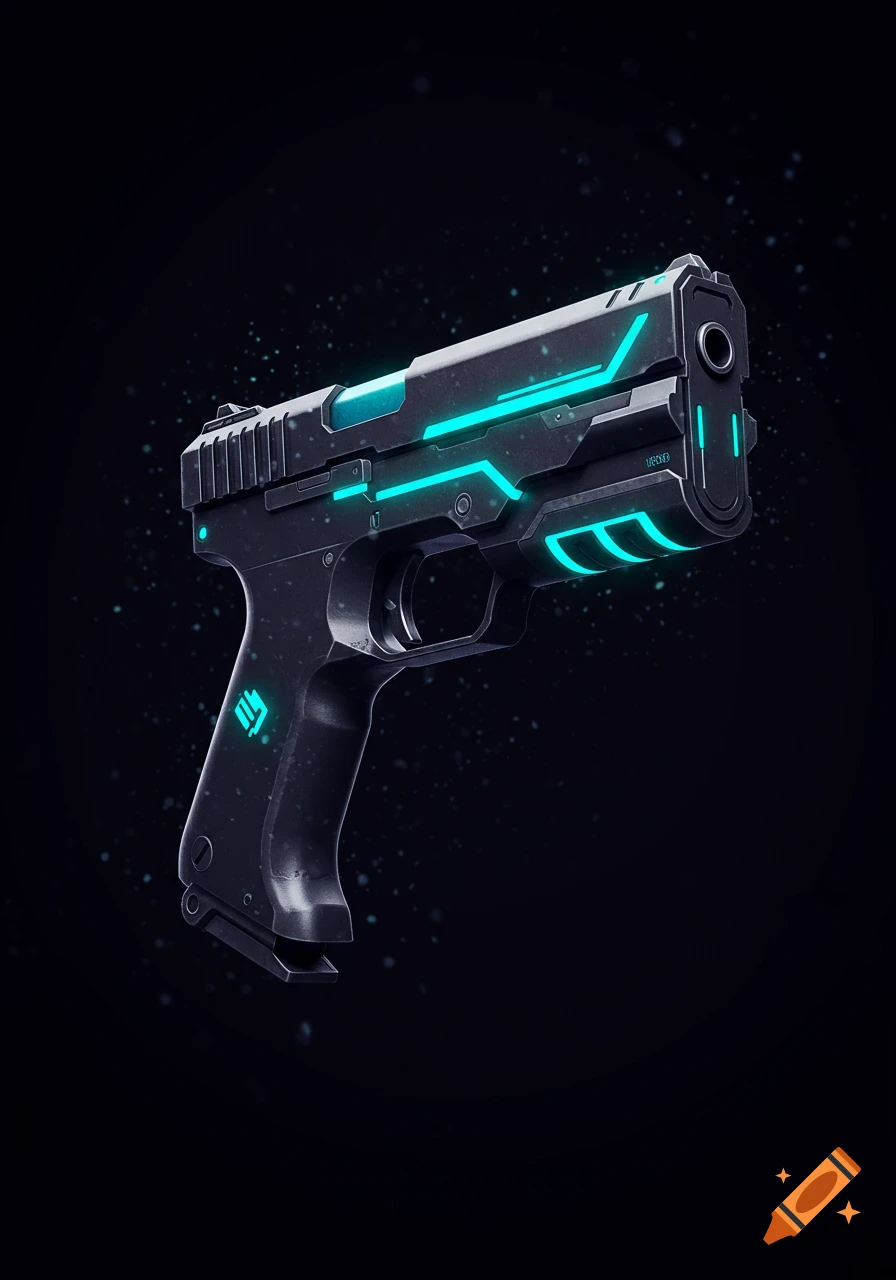 A black futuristic pistol blaster with glowing teal blue accents on a dark background.