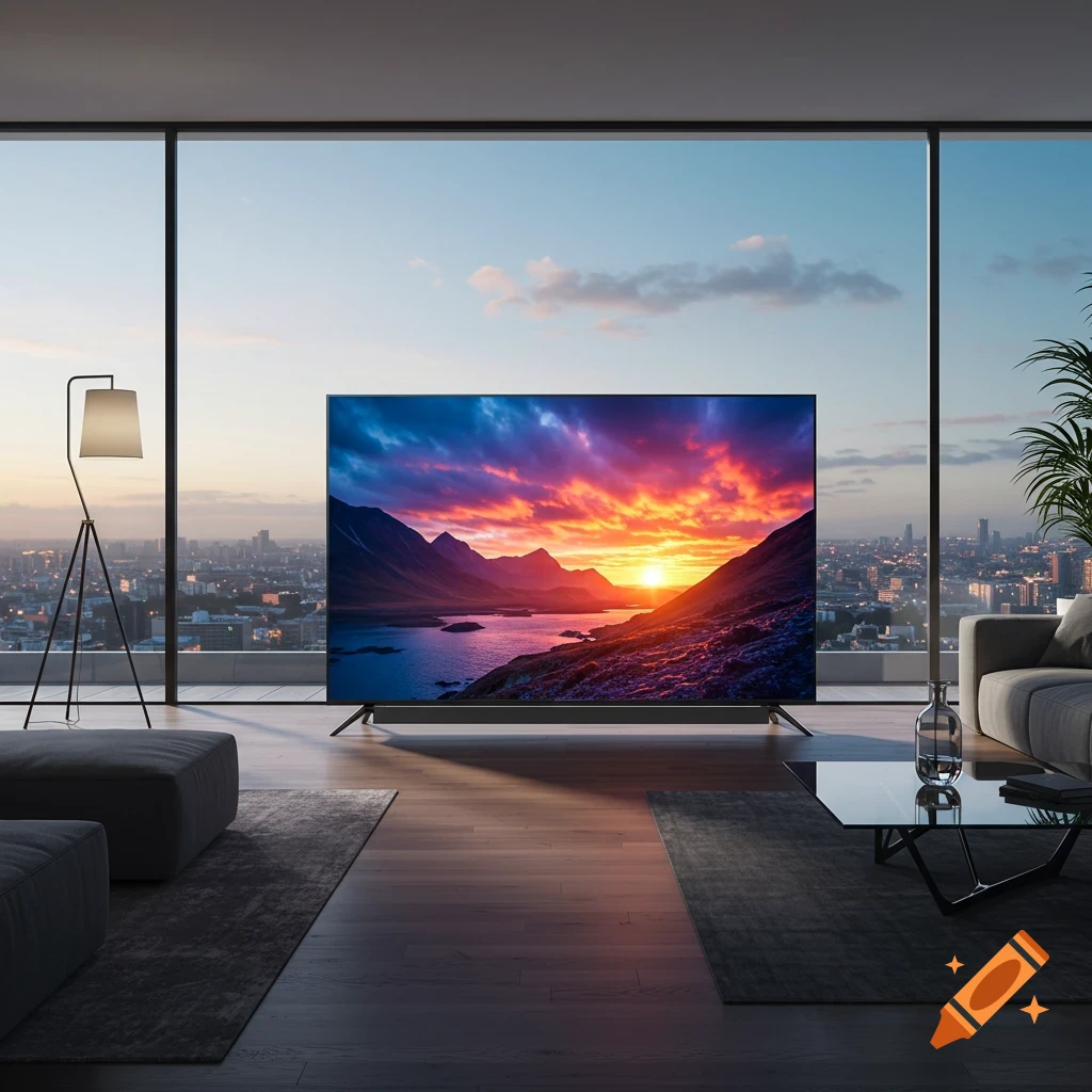 Photorealistic image of a large flat-screen TV showing a sunset landscape in a modern living room overlooking a city.