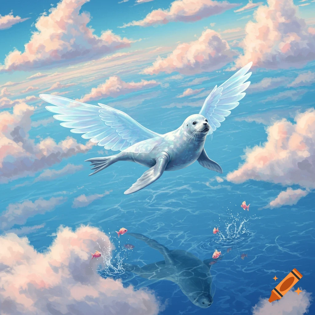 A majestic white seal with translucent wings flies through a blue sky filled with fluffy clouds, reflected in the calm ocean below.
