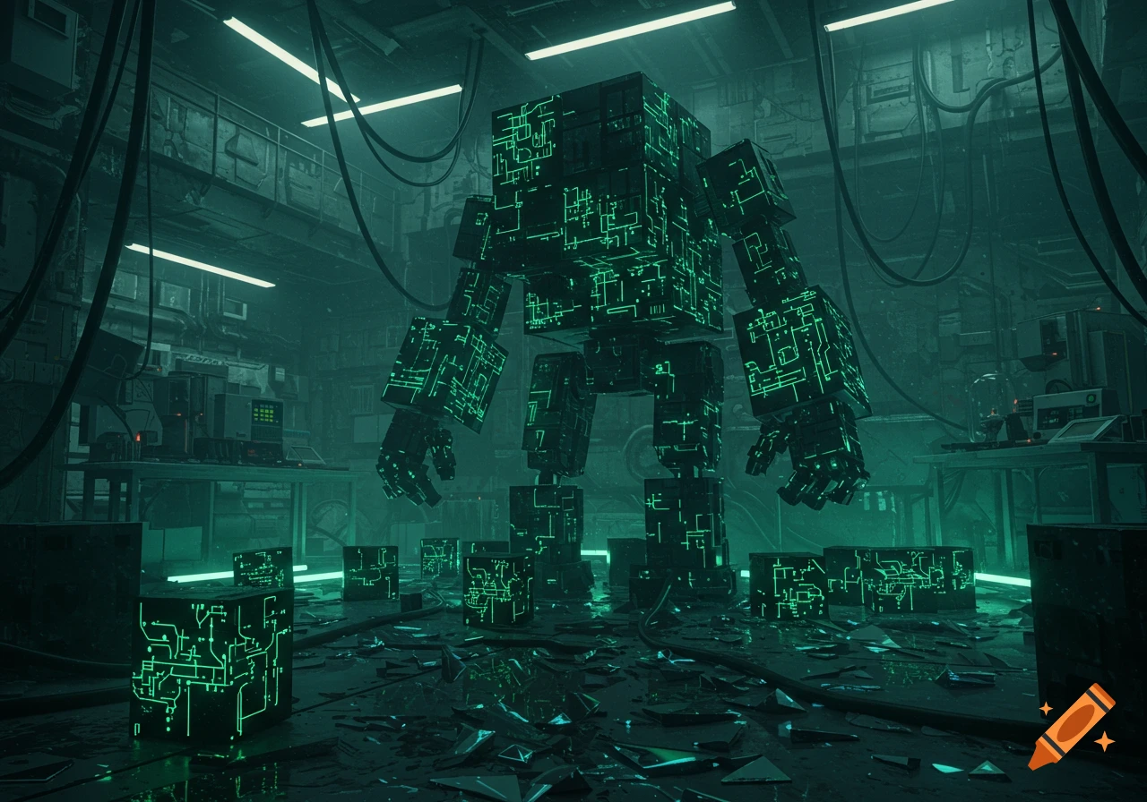 A gigantic cube robot with glowing green circuitry stands in a dimly lit, sci-fi laboratory with broken glass. Photorealistic.