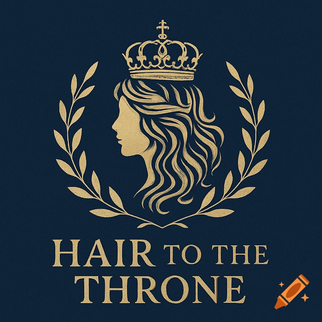Golden hair salon logo with a crowned woman's silhouette, olive branches, and 'HAIR TO THE THRONE' text on blue.