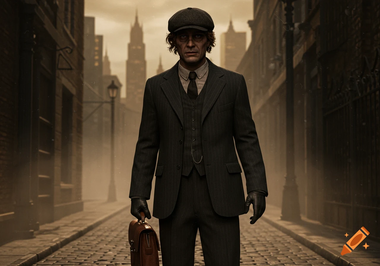 A man in a 1930s pinstripe suit and cap stands on a cobblestone street, holding a briefcase in a foggy city.