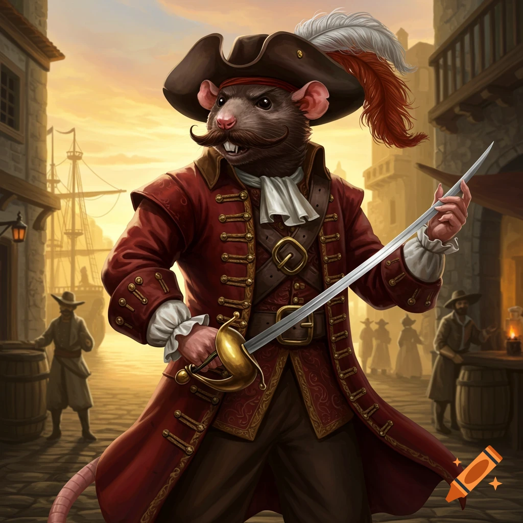 A mustachioed rat swashbuckler in a red coat and feathered hat wields a rapier in an old port town at sunset.