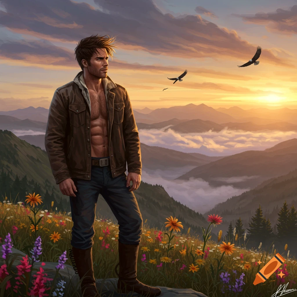 A rugged man with an open jacket revealing his abs stands on a mountain peak at sunset, overlooking a misty valley. Wildflowers bloom around him, and eagles soar in the sky in this digital painting.