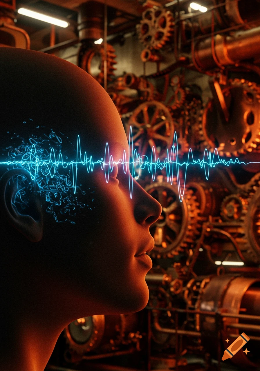 Profile of a bald head with glowing blue sound waves near the ear and forehead, set against a background of intricate steampunk machinery.