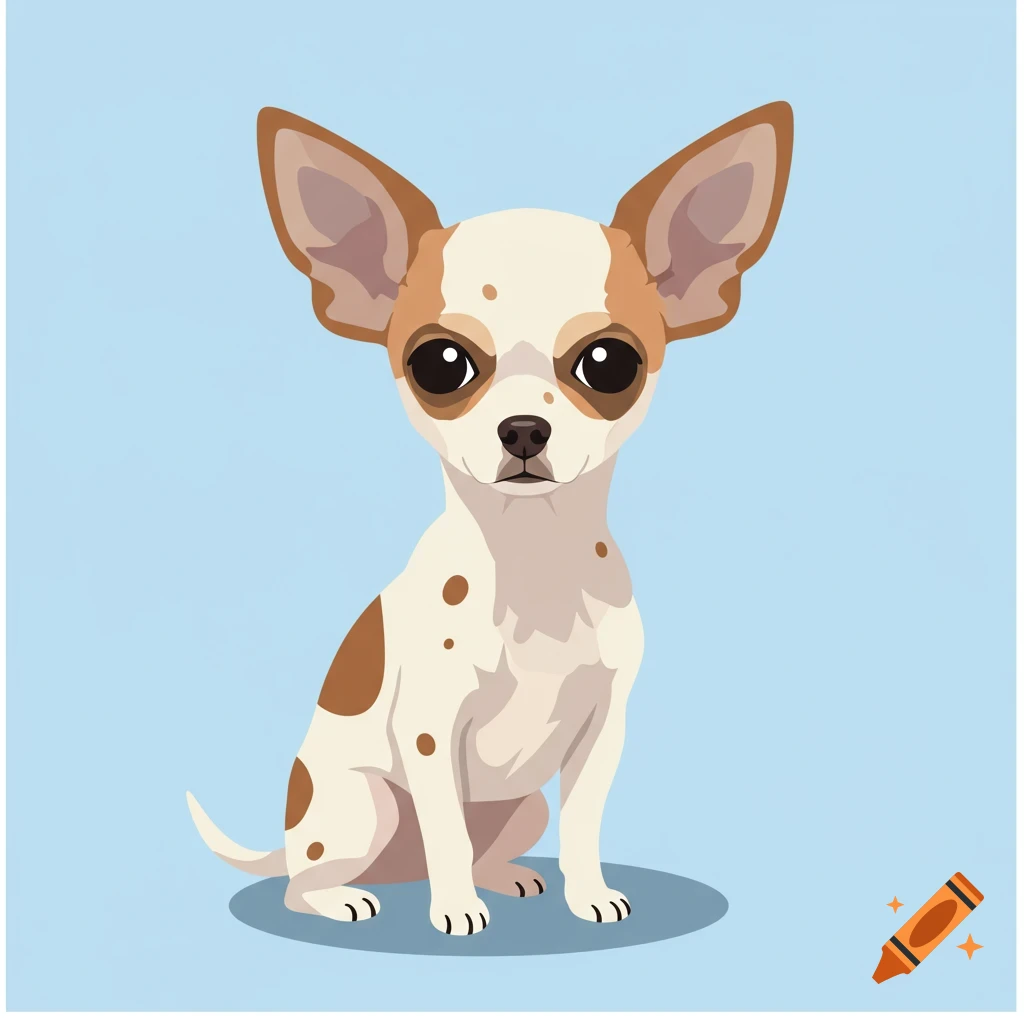 A cartoon white and brown chihuahua with large eyes sits on a light blue background.