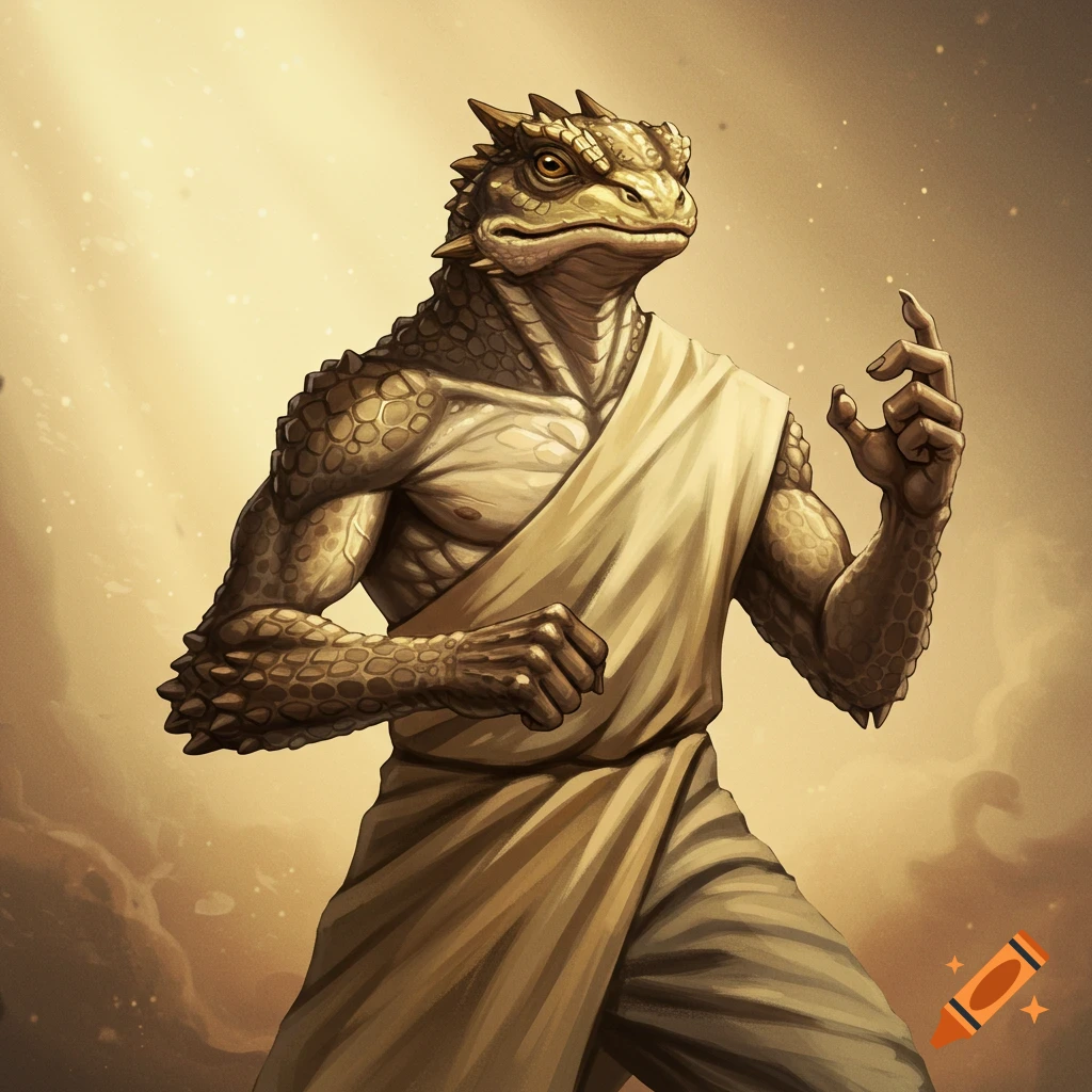 A scaly lizard-like humanoid wearing a light-colored robe stands in a dynamic pose against a warm, hazy background.
