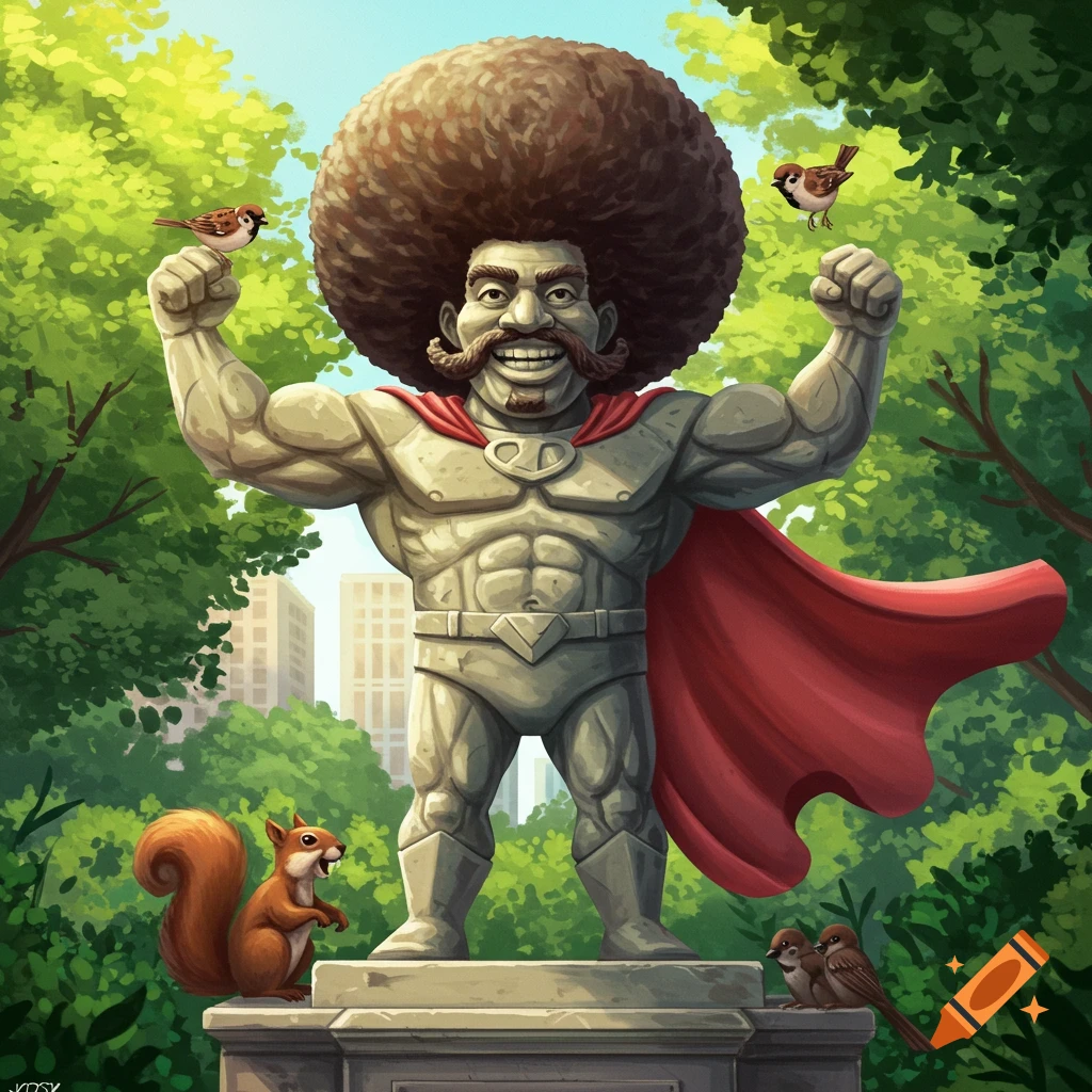 A stone statue of a muscular superhero with a large afro and mustache, posing in a park with birds and a squirrel.