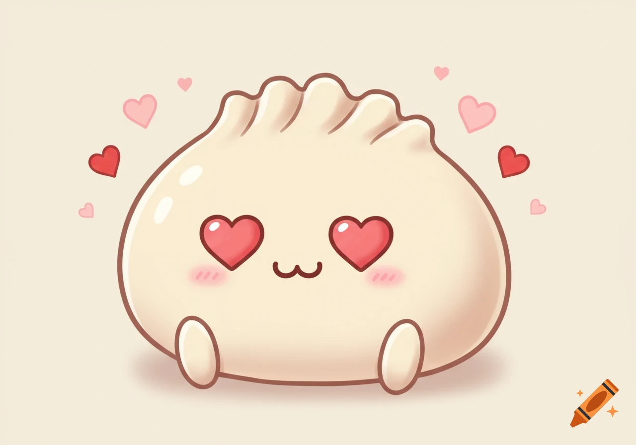 A cute cartoon dumpling with pink heart-shaped eyes and a tiny smile, surrounded by floating pink and red hearts.