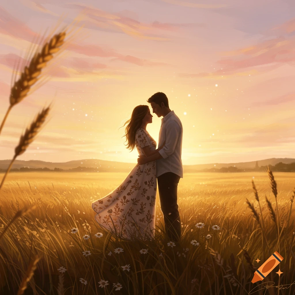 An illustrated couple embraces in a golden wheat field at sunset, with a vibrant sky.