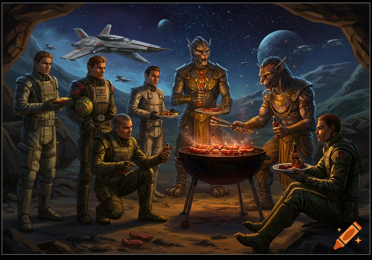 A group of human soldiers and alien warriors, including feline-like Kilrathi, gather around a grill, cooking food on an alien planet at night, with spaceships in the sky.