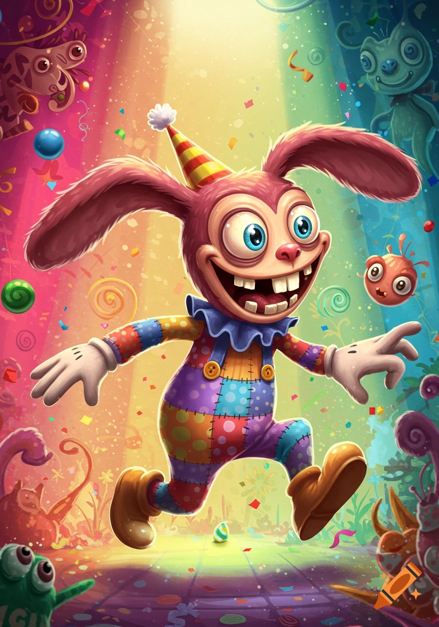 A goofy cartoon pink bunny in a colorful patchwork clown suit and party hat leaps in a vibrant, confetti-filled festive scene with whimsical monsters.