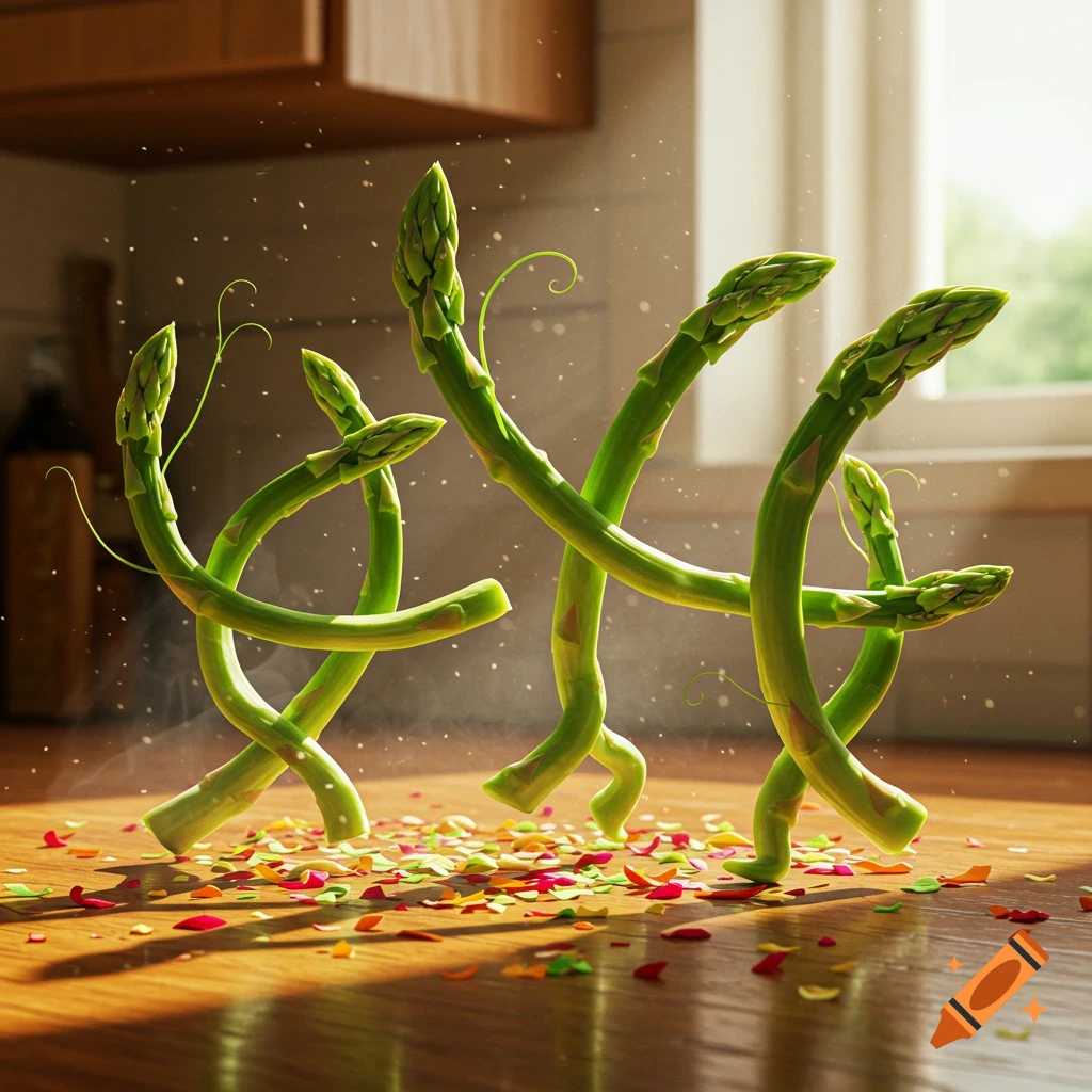 Photorealistic dancing asparagus spears and colorful confetti on a sunlit wooden kitchen counter.