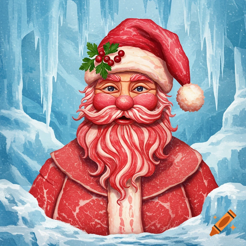 Santa Claus made of raw meat, with a red meat hat and coat, white fat marbling for trim and beard, standing in an icy blue cave.