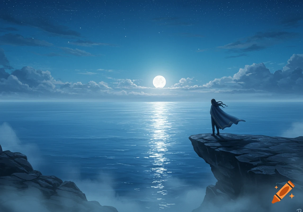 A solitary figure in a flowing cape stands on a rocky cliff overlooking a moonlit ocean under a starry night sky.