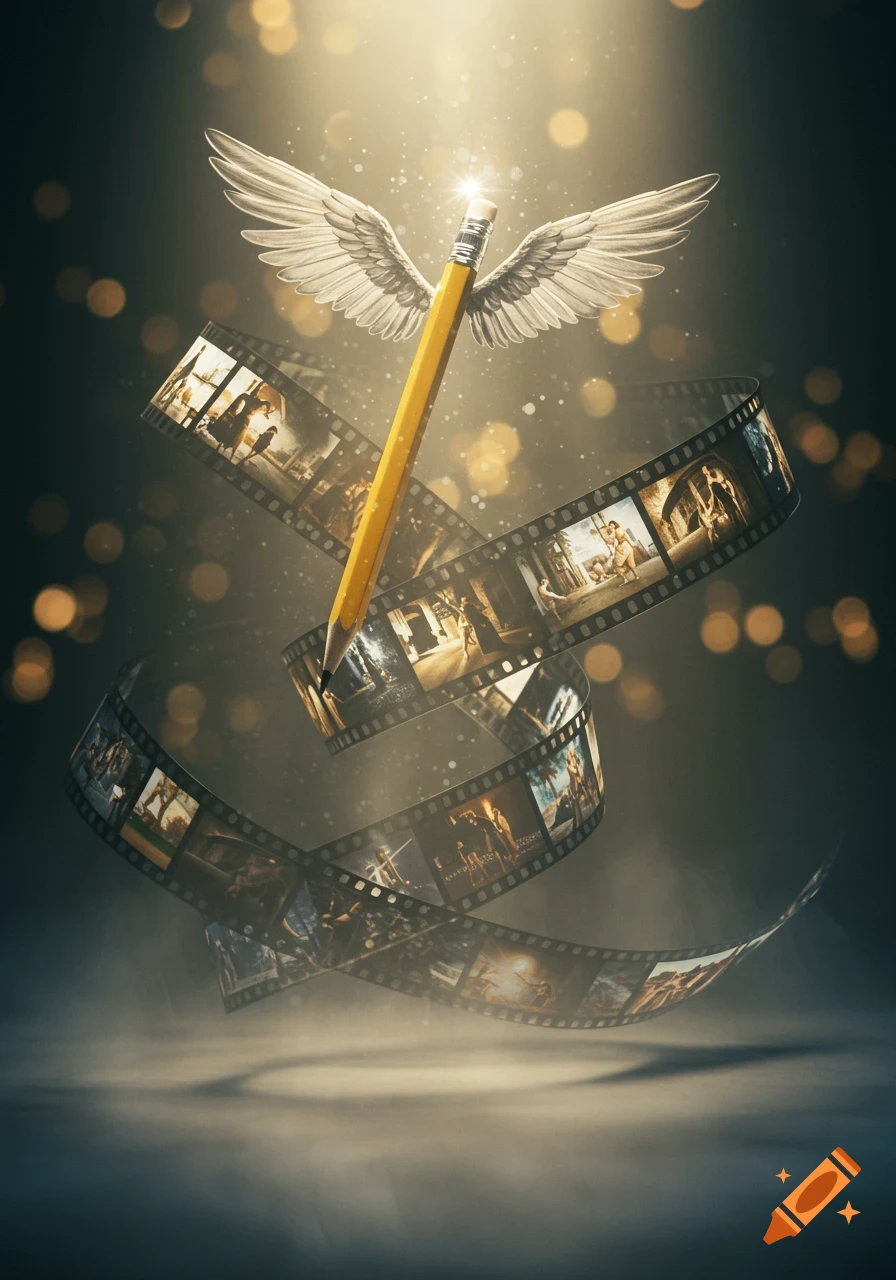 A winged yellow pencil soars amidst swirling film strips filled with cinematic scenes, bathed in ethereal light and bokeh.