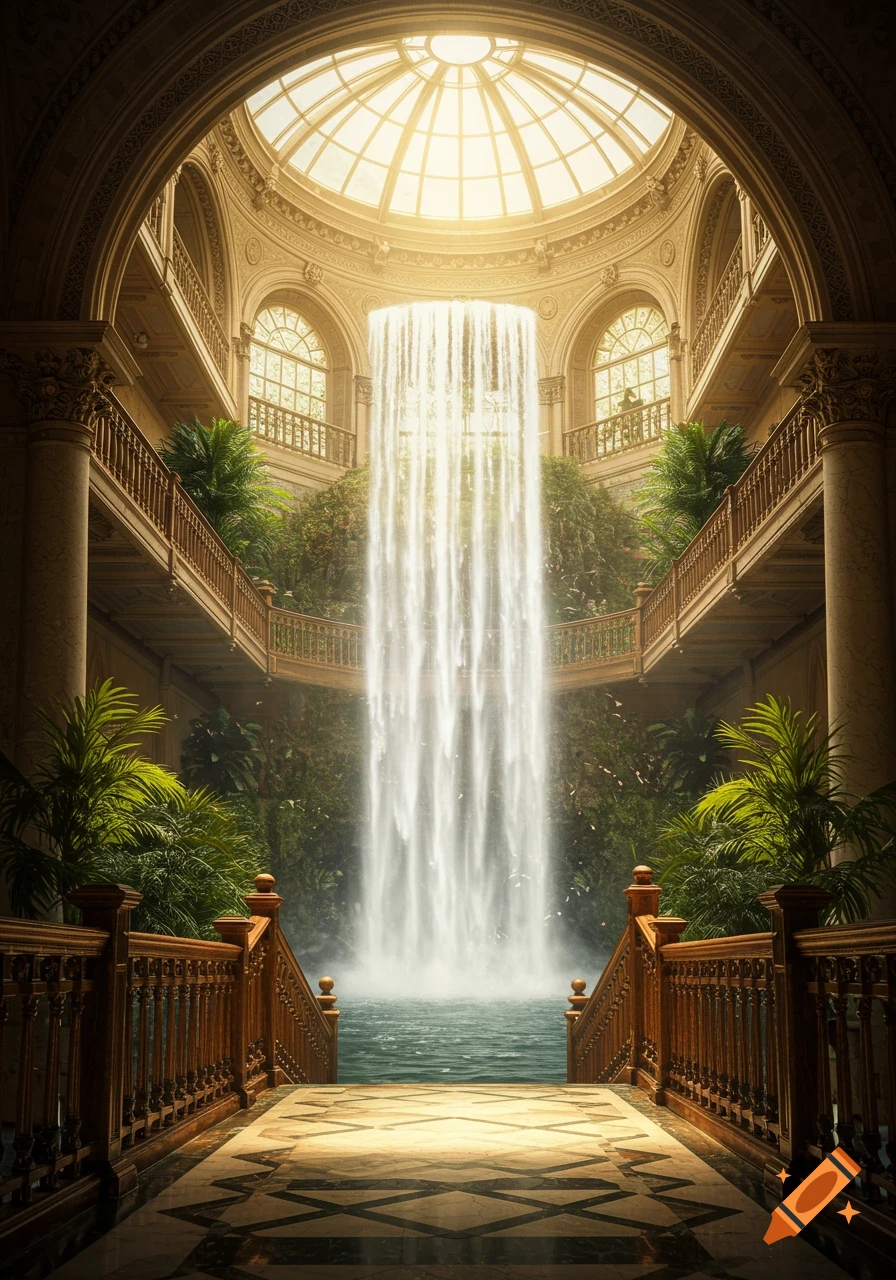 A grand, opulent mansion interior with a large central waterfall flowing into a pool, illuminated by a skylight, surrounded by balconies and lush plants.