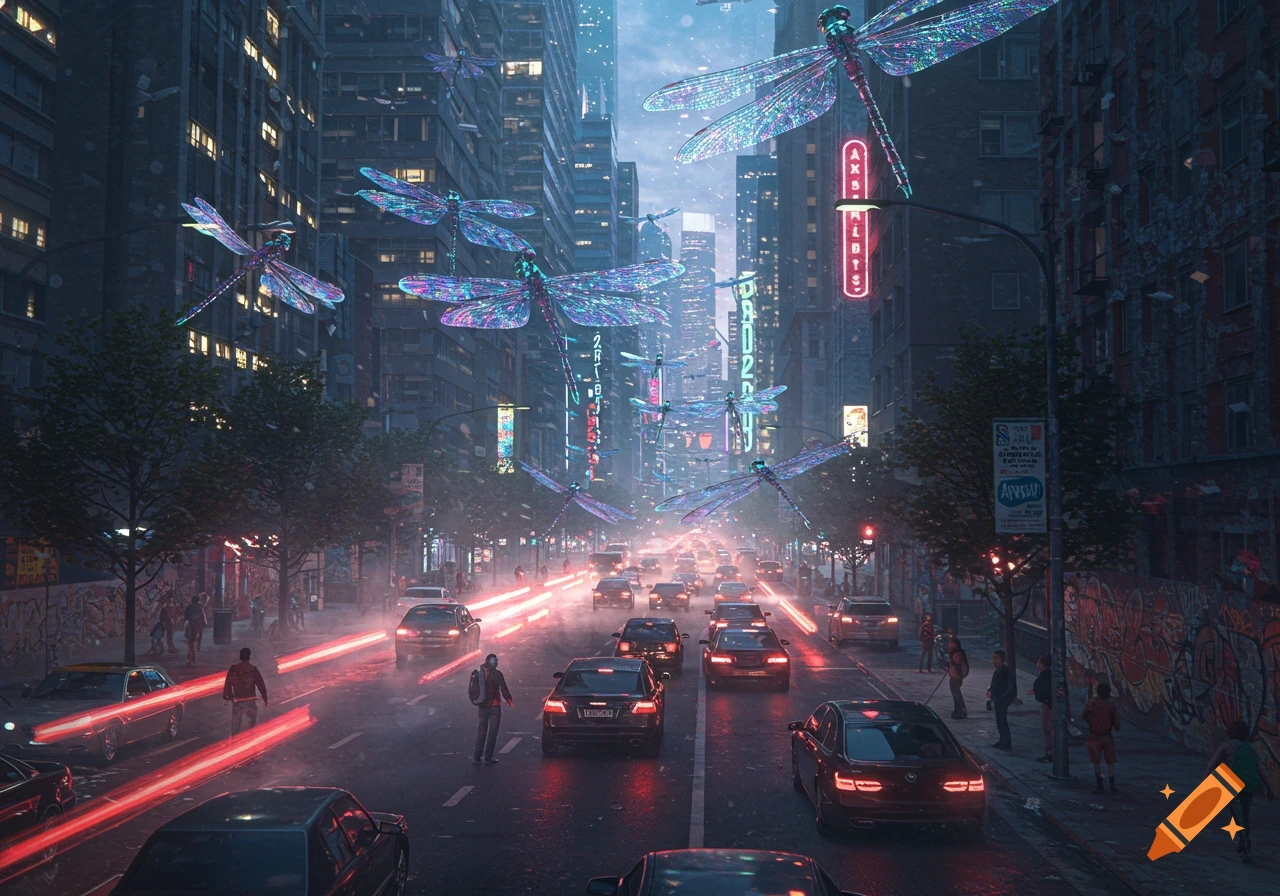 A dark, futuristic city street at night is filled with cars and people. Giant, glowing, iridescent dragonflies hover above the street and buildings, causing light trails from vehicles on the wet asphalt.