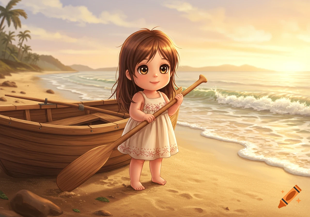 An anime-style toddler girl with brown hair holds an oar while standing on a sandy beach next to a wooden boat at sunset.