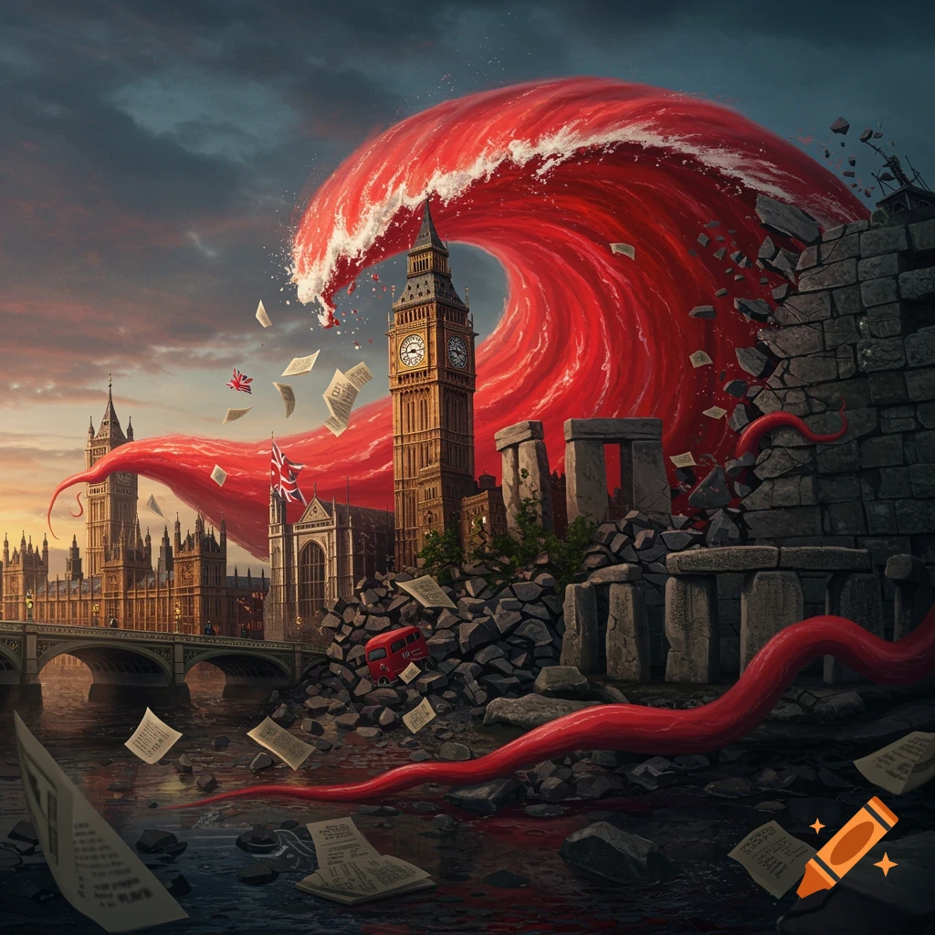 A massive red wave crashes over the Houses of Parliament and Big Ben in London, with Stonehenge ruins to the right. Papers float in the air and water amidst the destruction, and a red bus is overturned.