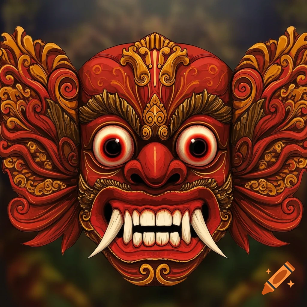 A vibrant red Sri Lankan Yaka mask with large staring eyes, sharp fangs, and intricate gold and red swirling patterns.